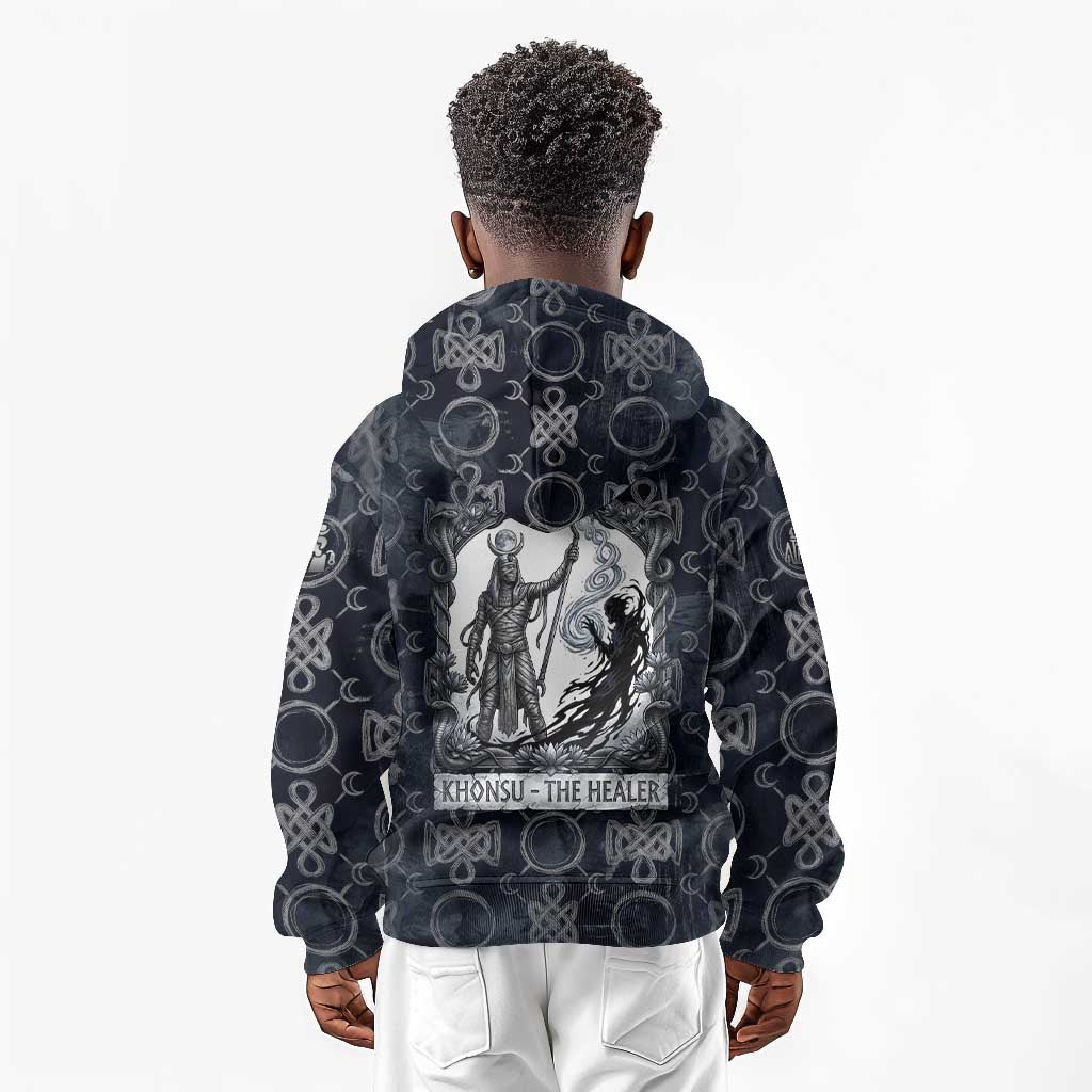 Khonsu Ancient Egyptian Kid Hoodie with Dark Celtic Knot Pattern, Baboon Guardian Symbol, and Moon Healer Motif - Wonder Print Shop