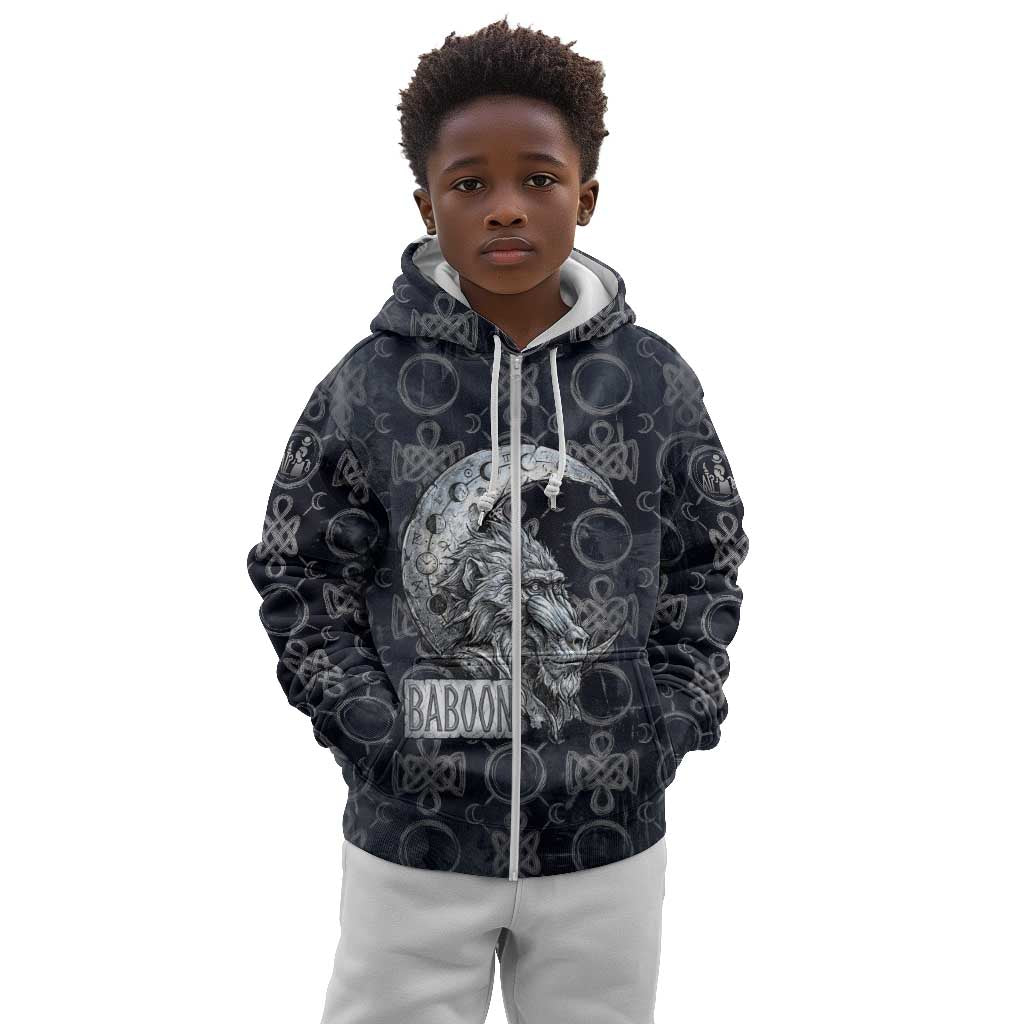 Khonsu Ancient Egyptian Kid Hoodie with Dark Celtic Knot Pattern, Baboon Guardian Symbol, and Moon Healer Motif - Wonder Print Shop