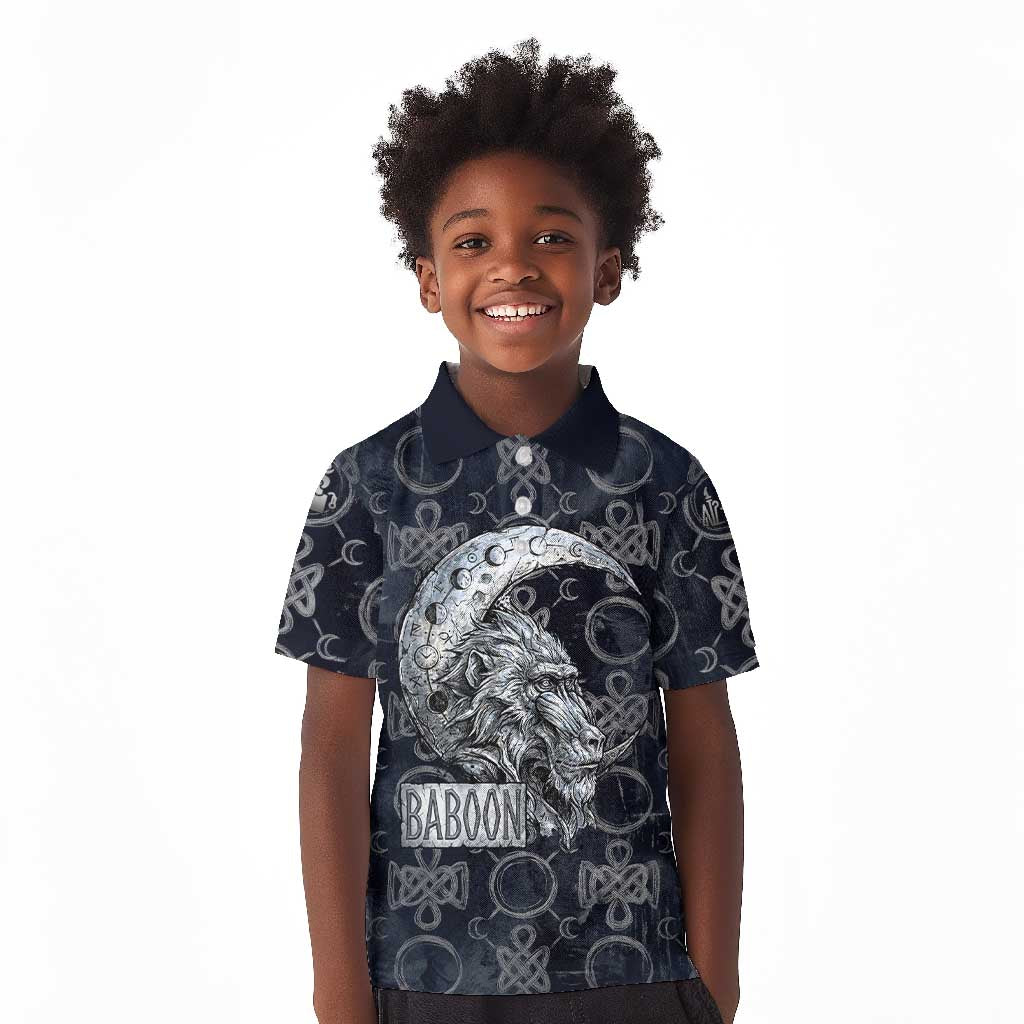 Khonsu Ancient Egyptian Kid Polo Shirt with Dark Celtic Knot Pattern, Baboon Guardian Symbol, and Moon Healer Motif - Wonder Print Shop
