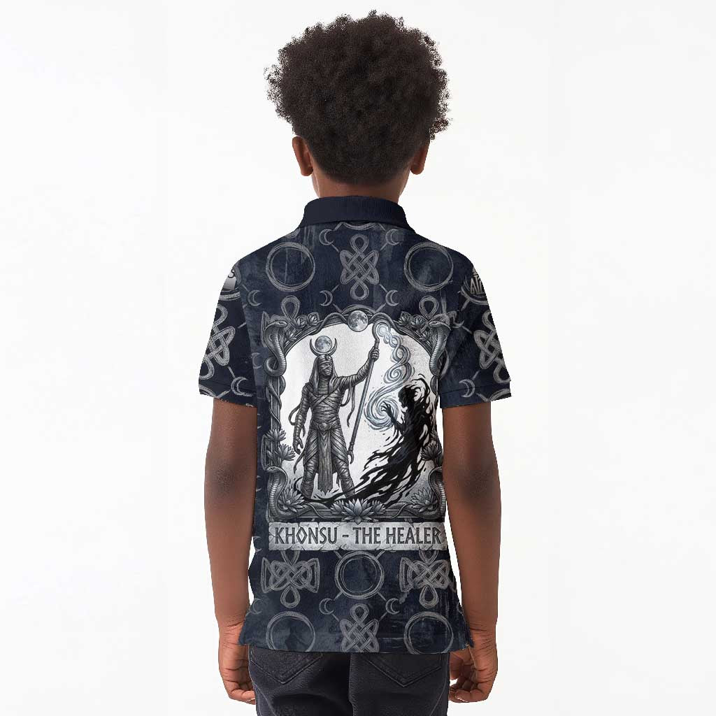Khonsu Ancient Egyptian Kid Polo Shirt with Dark Celtic Knot Pattern, Baboon Guardian Symbol, and Moon Healer Motif - Wonder Print Shop