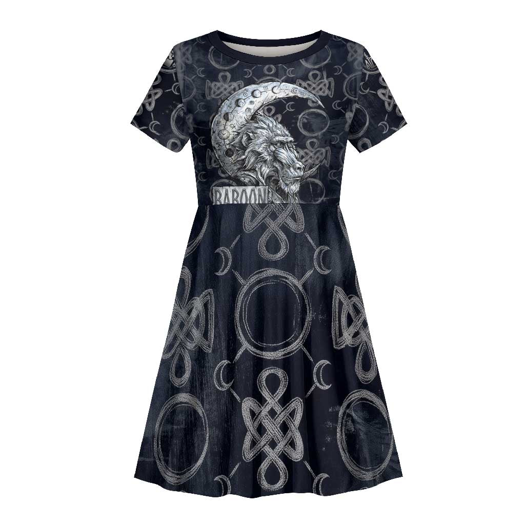 Khonsu Ancient Egyptian Kid Short Sleeve Dress with Dark Celtic Knot Pattern, Baboon Guardian Symbol, and Moon Healer Motif - Wonder Print Shop