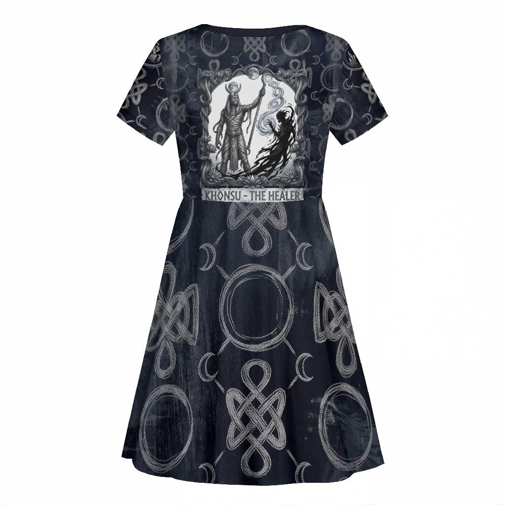 Khonsu Ancient Egyptian Kid Short Sleeve Dress with Dark Celtic Knot Pattern, Baboon Guardian Symbol, and Moon Healer Motif - Wonder Print Shop