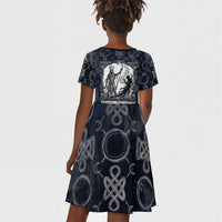 Khonsu Ancient Egyptian Kid Short Sleeve Dress with Dark Celtic Knot Pattern, Baboon Guardian Symbol, and Moon Healer Motif - Wonder Print Shop