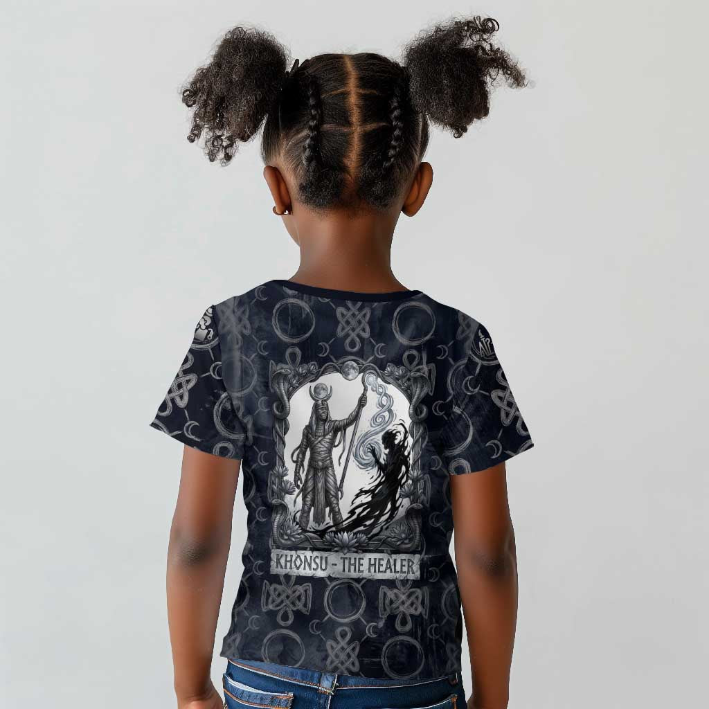 Khonsu Ancient Egyptian Kid T shirt with Dark Celtic Knot Pattern, Baboon Guardian Symbol, and Moon Healer Motif - Wonder Print Shop