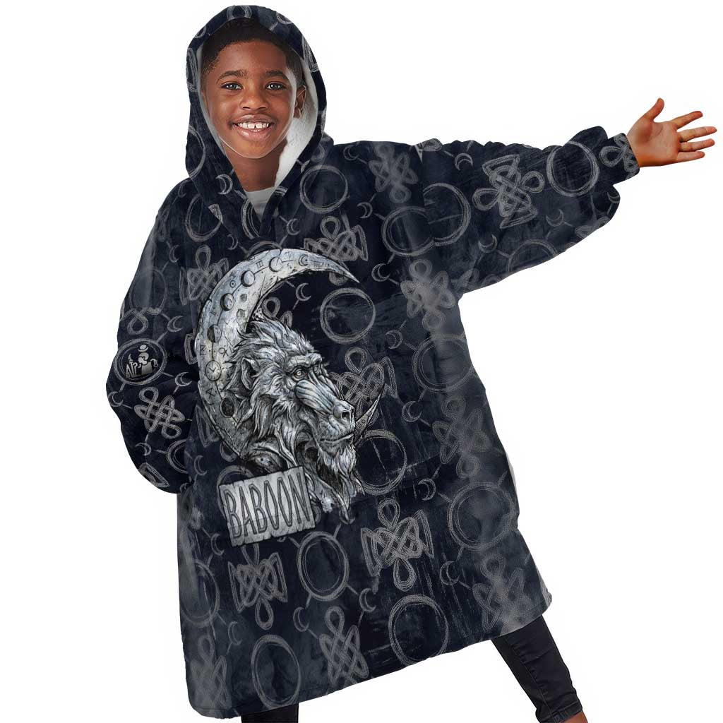 Khonsu Ancient Egyptian Kid Wearable Blanket Hoodie with Dark Celtic Knot Pattern, Baboon Guardian Symbol, and Moon Healer Motif - Wonder Print Shop