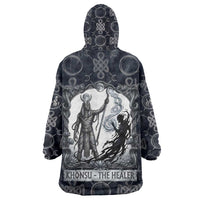Khonsu Ancient Egyptian Kid Wearable Blanket Hoodie with Dark Celtic Knot Pattern, Baboon Guardian Symbol, and Moon Healer Motif - Wonder Print Shop