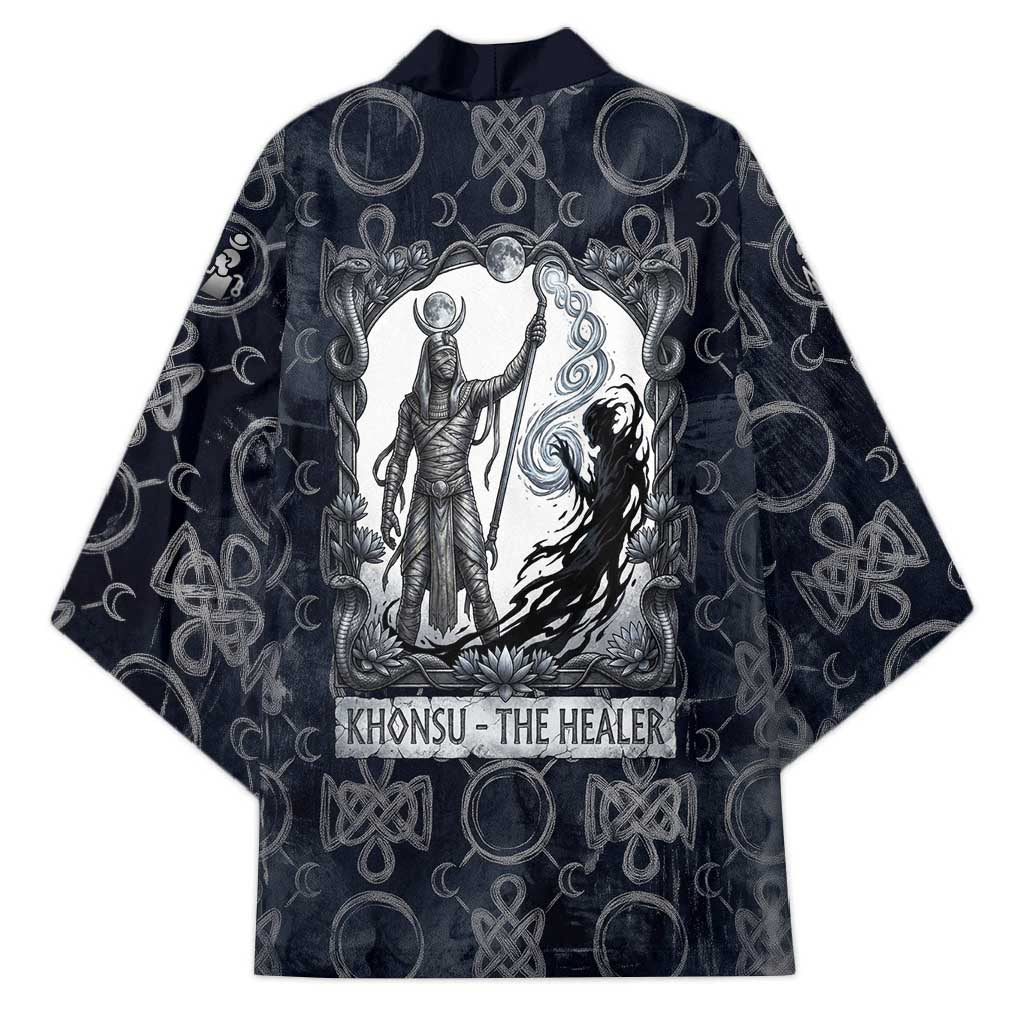 Khonsu Ancient Egyptian Kimono with Dark Celtic Knot Pattern, Baboon Guardian Symbol, and Moon Healer Motif - Wonder Print Shop