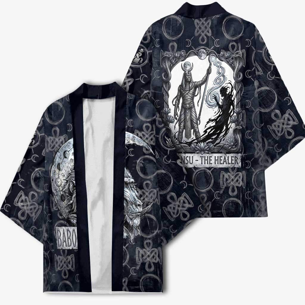 Khonsu Ancient Egyptian Kimono with Dark Celtic Knot Pattern, Baboon Guardian Symbol, and Moon Healer Motif - Wonder Print Shop