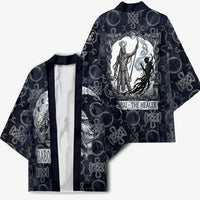 Khonsu Ancient Egyptian Kimono with Dark Celtic Knot Pattern, Baboon Guardian Symbol, and Moon Healer Motif - Wonder Print Shop