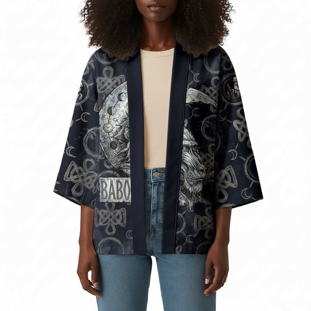 Khonsu Ancient Egyptian Kimono with Dark Celtic Knot Pattern, Baboon Guardian Symbol, and Moon Healer Motif - Wonder Print Shop