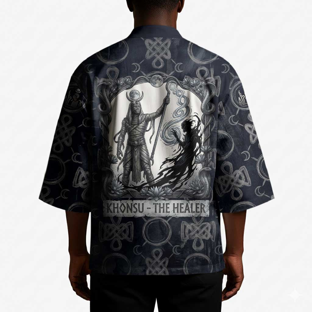 Khonsu Ancient Egyptian Kimono with Dark Celtic Knot Pattern, Baboon Guardian Symbol, and Moon Healer Motif - Wonder Print Shop