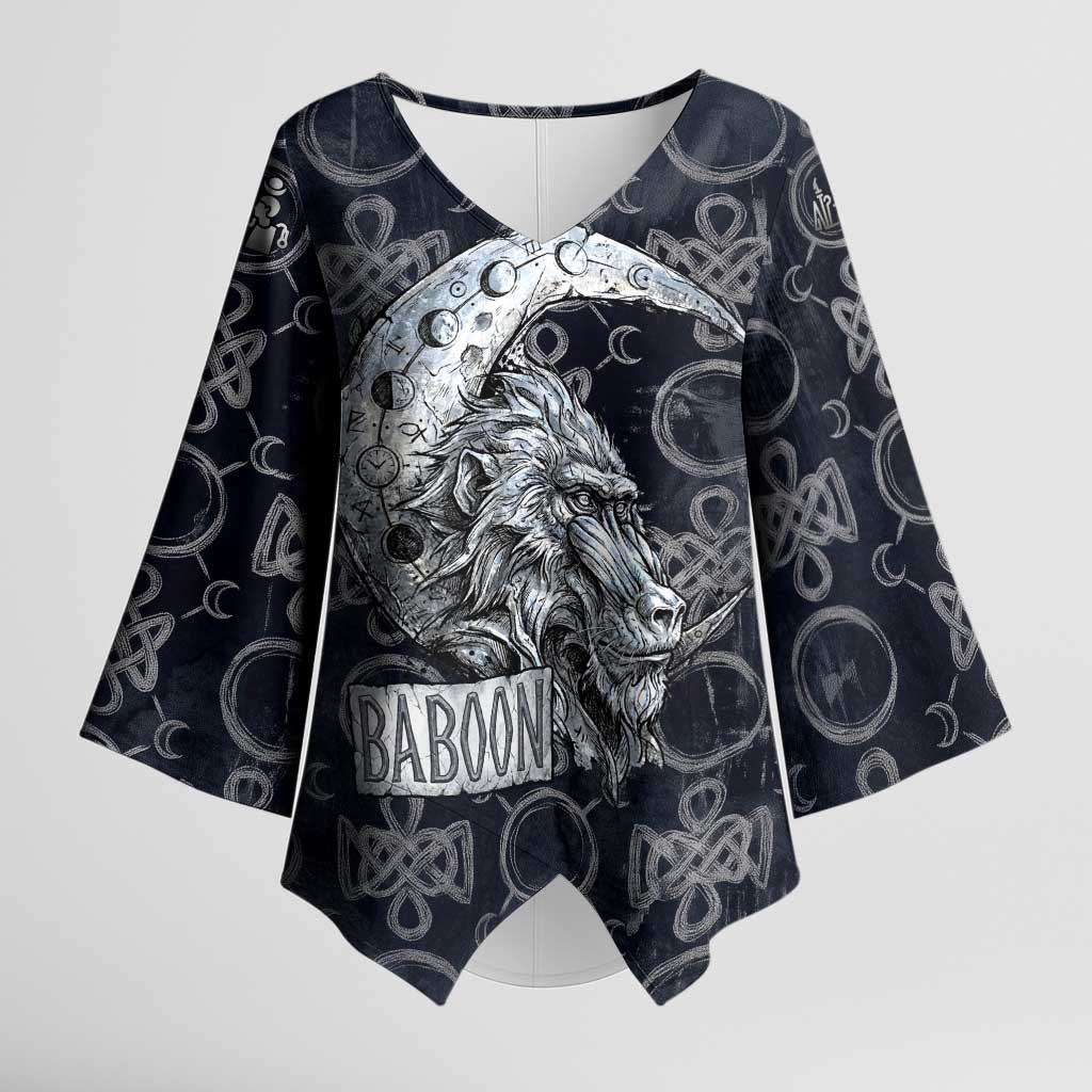 Khonsu Ancient Egyptian Kimono Sleeve Blouse with Dark Celtic Knot Pattern, Baboon Guardian Symbol, and Moon Healer Motif - Wonder Print Shop