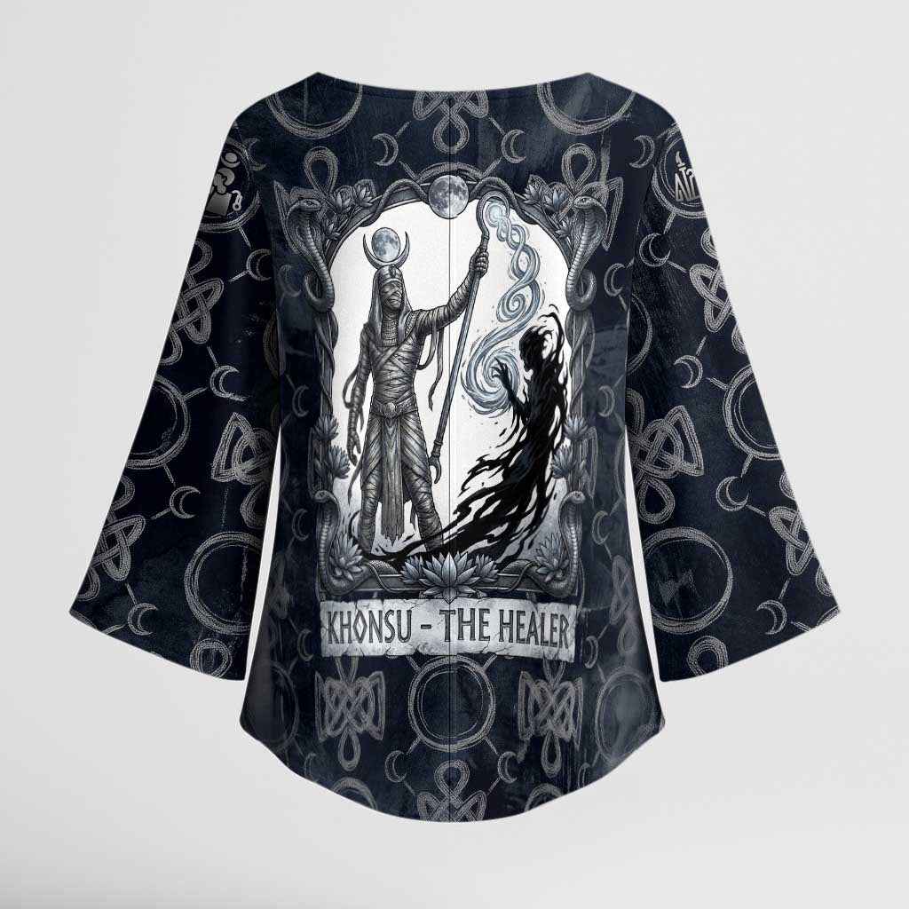 Khonsu Ancient Egyptian Kimono Sleeve Blouse with Dark Celtic Knot Pattern, Baboon Guardian Symbol, and Moon Healer Motif - Wonder Print Shop