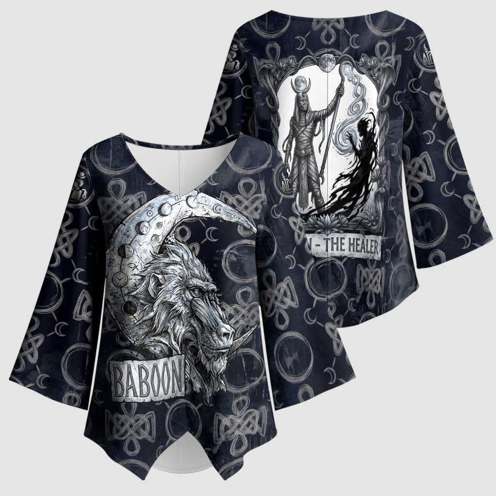 Khonsu Ancient Egyptian Kimono Sleeve Blouse with Dark Celtic Knot Pattern, Baboon Guardian Symbol, and Moon Healer Motif - Wonder Print Shop
