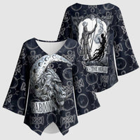Khonsu Ancient Egyptian Kimono Sleeve Blouse with Dark Celtic Knot Pattern, Baboon Guardian Symbol, and Moon Healer Motif - Wonder Print Shop