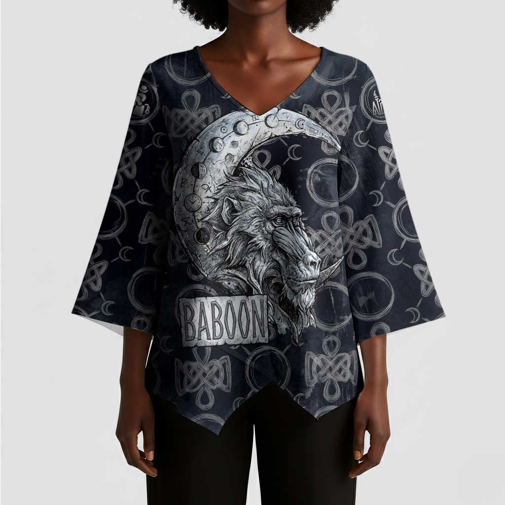 Khonsu Ancient Egyptian Kimono Sleeve Blouse with Dark Celtic Knot Pattern, Baboon Guardian Symbol, and Moon Healer Motif - Wonder Print Shop