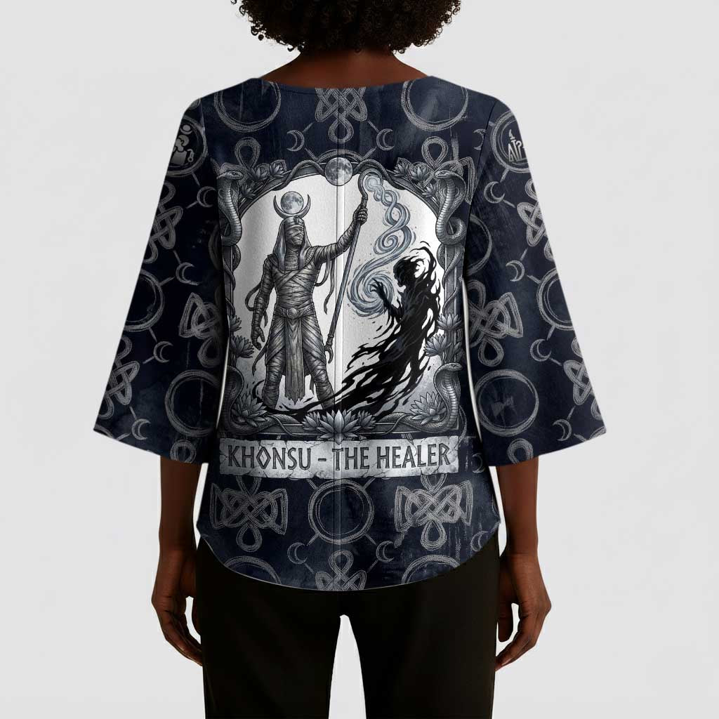 Khonsu Ancient Egyptian Kimono Sleeve Blouse with Dark Celtic Knot Pattern, Baboon Guardian Symbol, and Moon Healer Motif - Wonder Print Shop