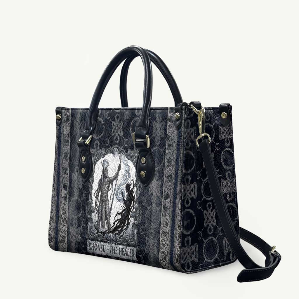 Khonsu Ancient Egyptian Leather Bag with Dark Celtic Knot Pattern, Baboon Guardian Symbol, and Moon Healer Motif - Wonder Print Shop