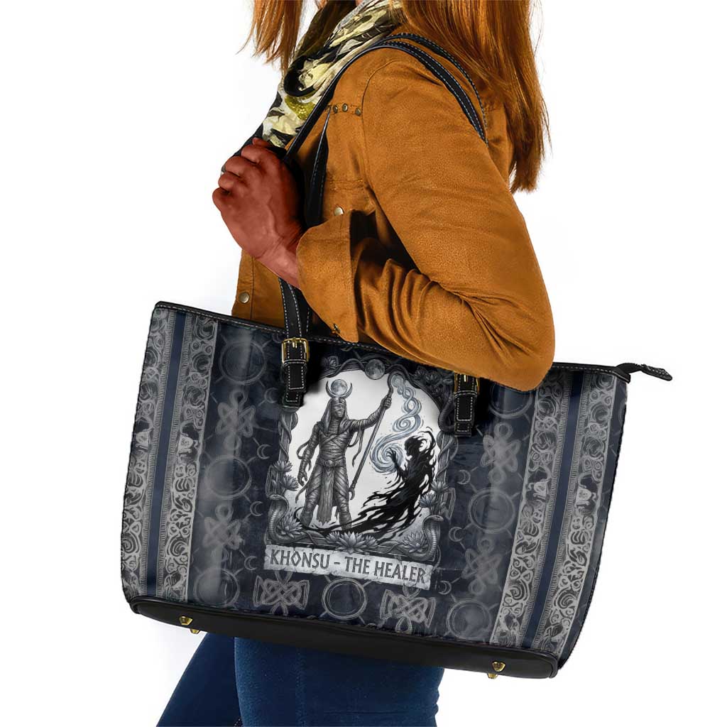 Khonsu Ancient Egyptian Leather Tote Bag with Dark Celtic Knot Pattern, Baboon Guardian Symbol, and Moon Healer Motif - Wonder Print Shop
