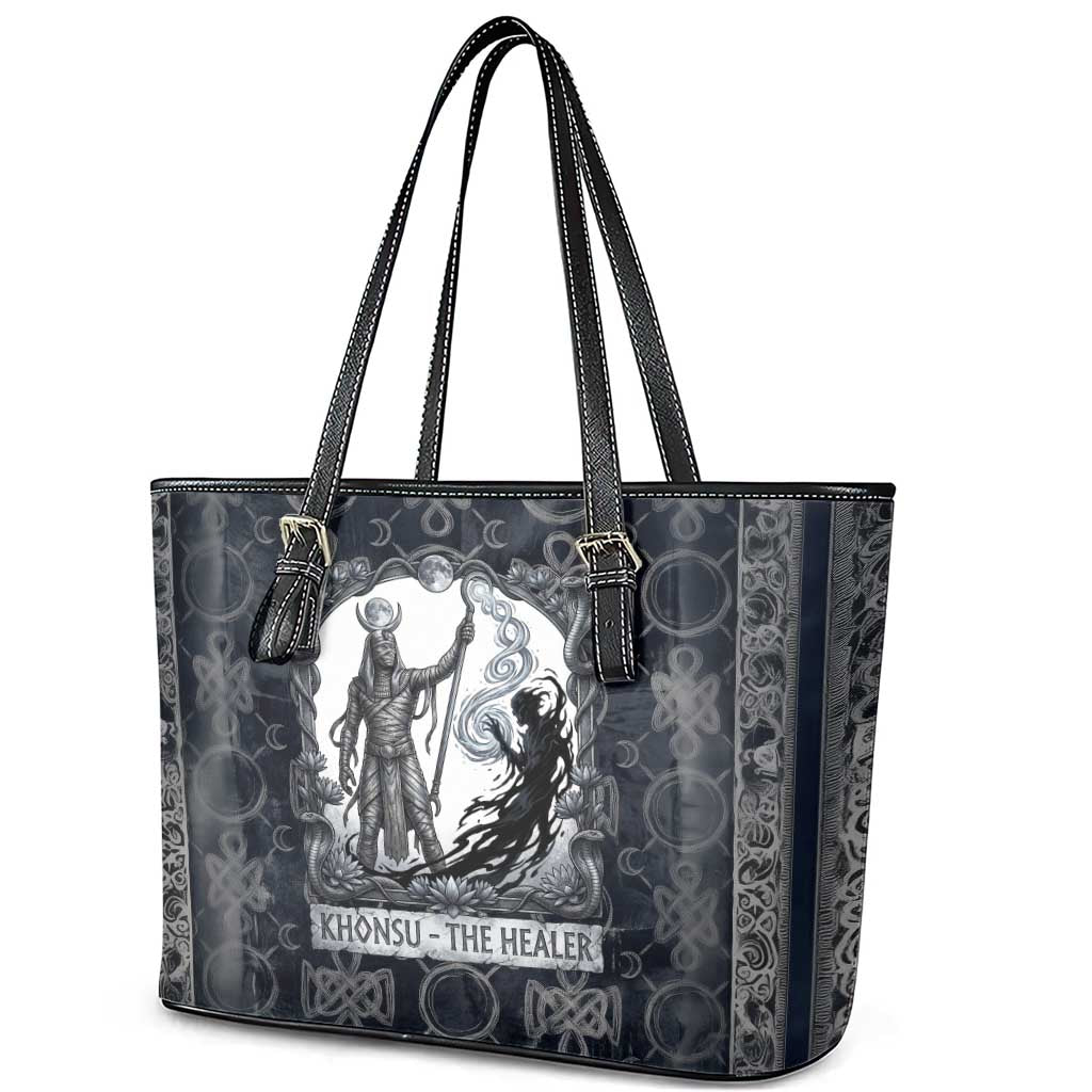 Khonsu Ancient Egyptian Leather Tote Bag with Dark Celtic Knot Pattern, Baboon Guardian Symbol, and Moon Healer Motif - Wonder Print Shop