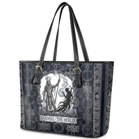 Khonsu Ancient Egyptian Leather Tote Bag with Dark Celtic Knot Pattern, Baboon Guardian Symbol, and Moon Healer Motif - Wonder Print Shop