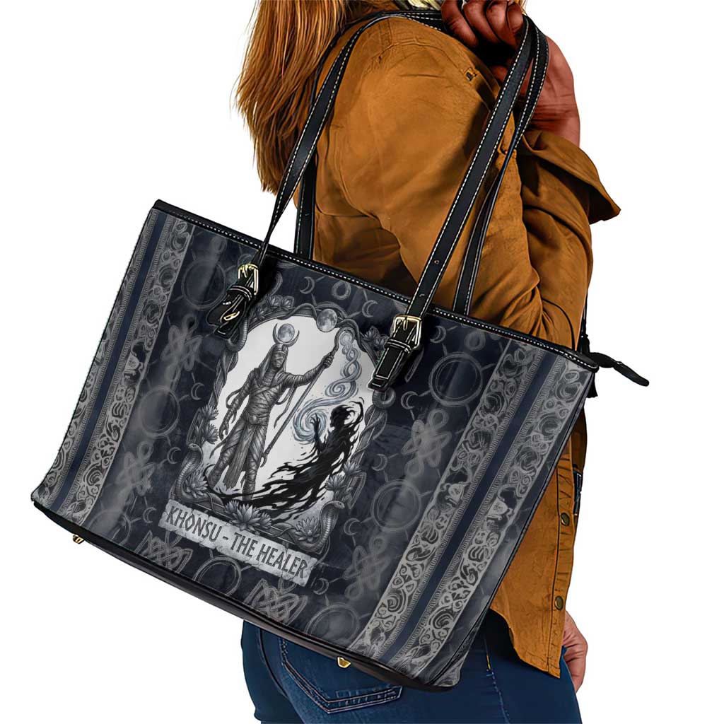 Khonsu Ancient Egyptian Leather Tote Bag with Dark Celtic Knot Pattern, Baboon Guardian Symbol, and Moon Healer Motif - Wonder Print Shop