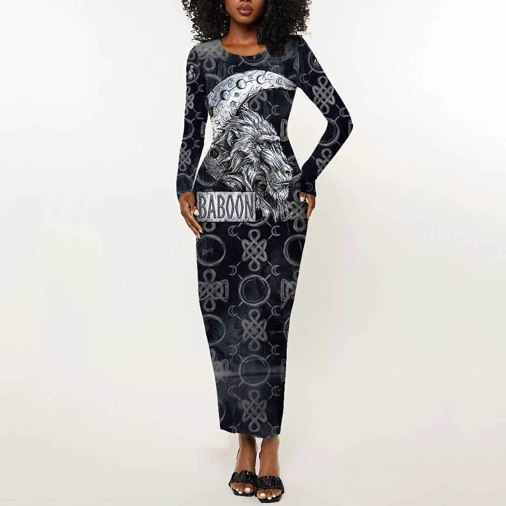 Khonsu Ancient Egyptian Long Sleeve Bodycon Dress with Dark Celtic Knot Pattern, Baboon Guardian Symbol, and Moon Healer Motif - Wonder Print Shop
