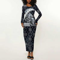 Khonsu Ancient Egyptian Long Sleeve Bodycon Dress with Dark Celtic Knot Pattern, Baboon Guardian Symbol, and Moon Healer Motif - Wonder Print Shop