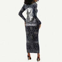Khonsu Ancient Egyptian Long Sleeve Bodycon Dress with Dark Celtic Knot Pattern, Baboon Guardian Symbol, and Moon Healer Motif - Wonder Print Shop