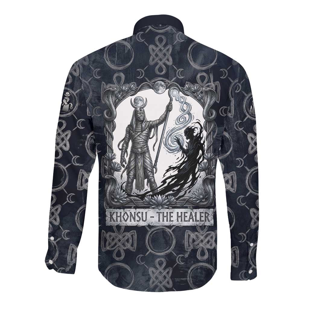 Khonsu Ancient Egyptian Long Sleeve Button Shirt with Dark Celtic Knot Pattern, Baboon Guardian Symbol, and Moon Healer Motif - Wonder Print Shop