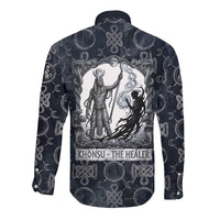 Khonsu Ancient Egyptian Long Sleeve Button Shirt with Dark Celtic Knot Pattern, Baboon Guardian Symbol, and Moon Healer Motif - Wonder Print Shop
