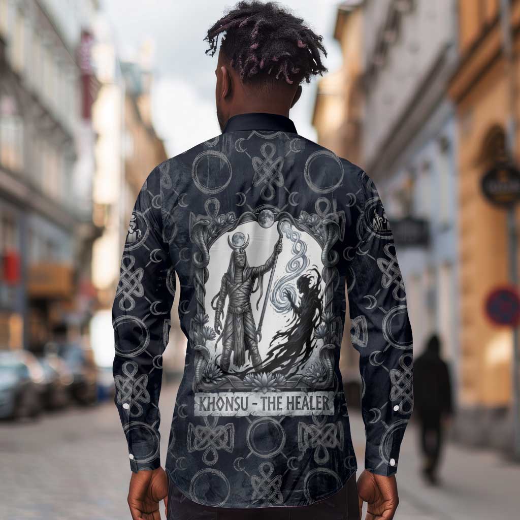 Khonsu Ancient Egyptian Long Sleeve Button Shirt with Dark Celtic Knot Pattern, Baboon Guardian Symbol, and Moon Healer Motif - Wonder Print Shop