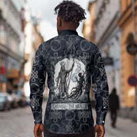 Khonsu Ancient Egyptian Long Sleeve Button Shirt with Dark Celtic Knot Pattern, Baboon Guardian Symbol, and Moon Healer Motif - Wonder Print Shop