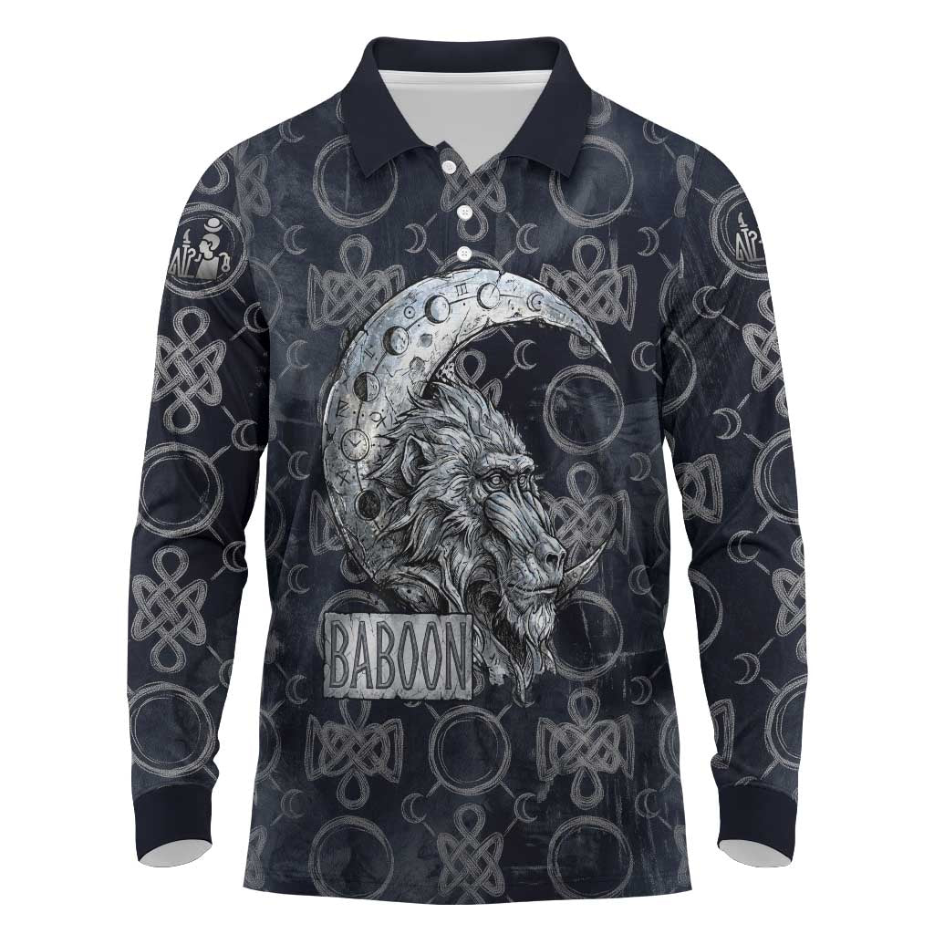 Khonsu Ancient Egyptian Long Sleeve Polo Shirt with Dark Celtic Knot Pattern, Baboon Guardian Symbol, and Moon Healer Motif - Wonder Print Shop