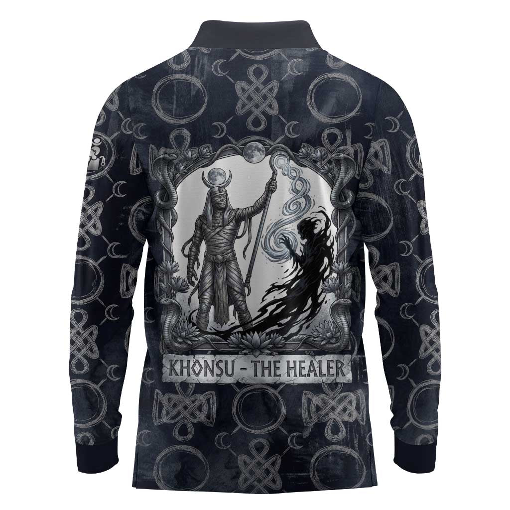 Khonsu Ancient Egyptian Long Sleeve Polo Shirt with Dark Celtic Knot Pattern, Baboon Guardian Symbol, and Moon Healer Motif - Wonder Print Shop