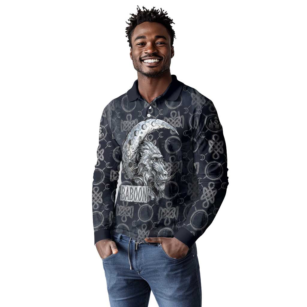 Khonsu Ancient Egyptian Long Sleeve Polo Shirt with Dark Celtic Knot Pattern, Baboon Guardian Symbol, and Moon Healer Motif - Wonder Print Shop
