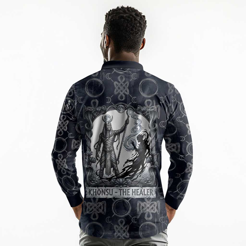 Khonsu Ancient Egyptian Long Sleeve Polo Shirt with Dark Celtic Knot Pattern, Baboon Guardian Symbol, and Moon Healer Motif - Wonder Print Shop