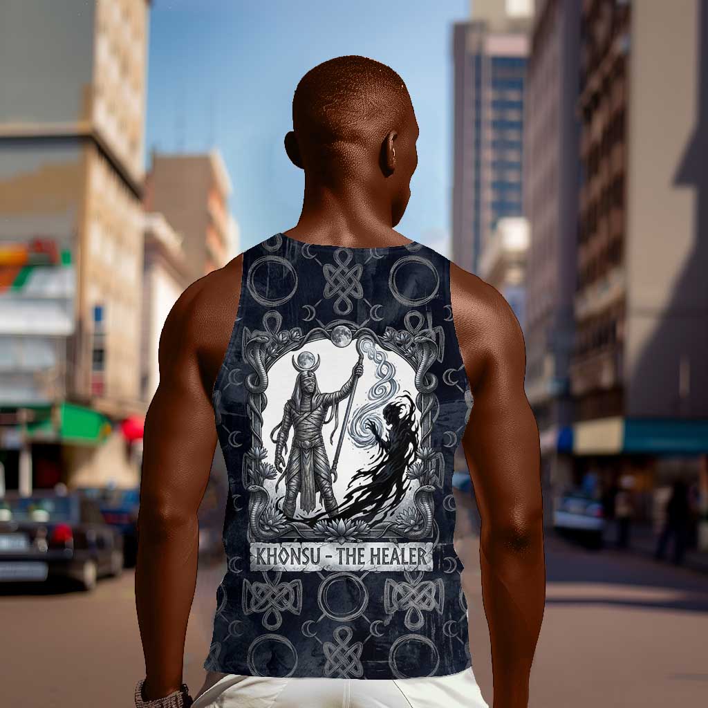 Khonsu Ancient Egyptian Men Tank Top with Dark Celtic Knot Pattern, Baboon Guardian Symbol, and Moon Healer Motif - Wonder Print Shop