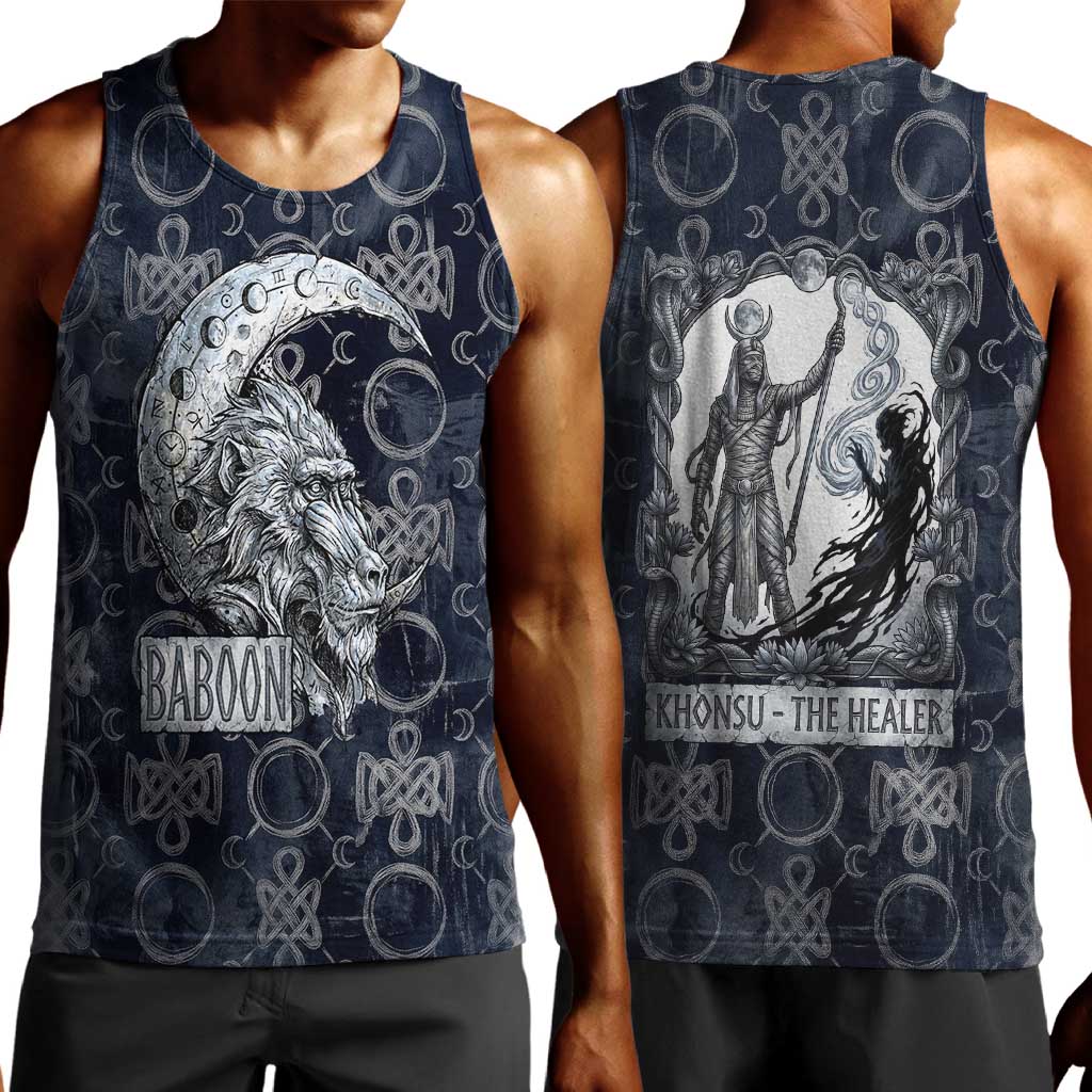 Khonsu Ancient Egyptian Men Tank Top with Dark Celtic Knot Pattern, Baboon Guardian Symbol, and Moon Healer Motif - Wonder Print Shop