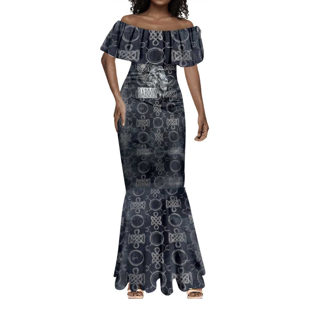 Khonsu Ancient Egyptian Mermaid Dress with Dark Celtic Knot Pattern, Baboon Guardian Symbol, and Moon Healer Motif - Wonder Print Shop