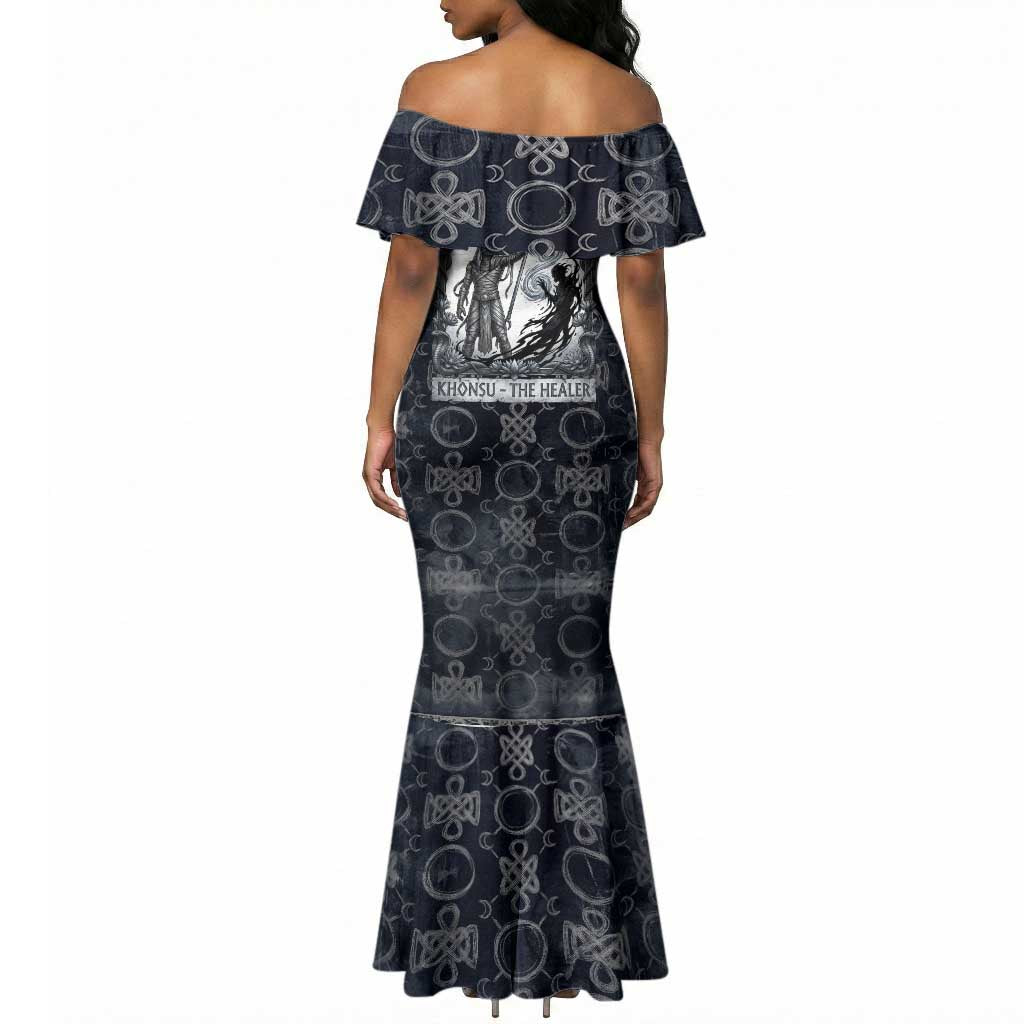 Khonsu Ancient Egyptian Mermaid Dress with Dark Celtic Knot Pattern, Baboon Guardian Symbol, and Moon Healer Motif - Wonder Print Shop