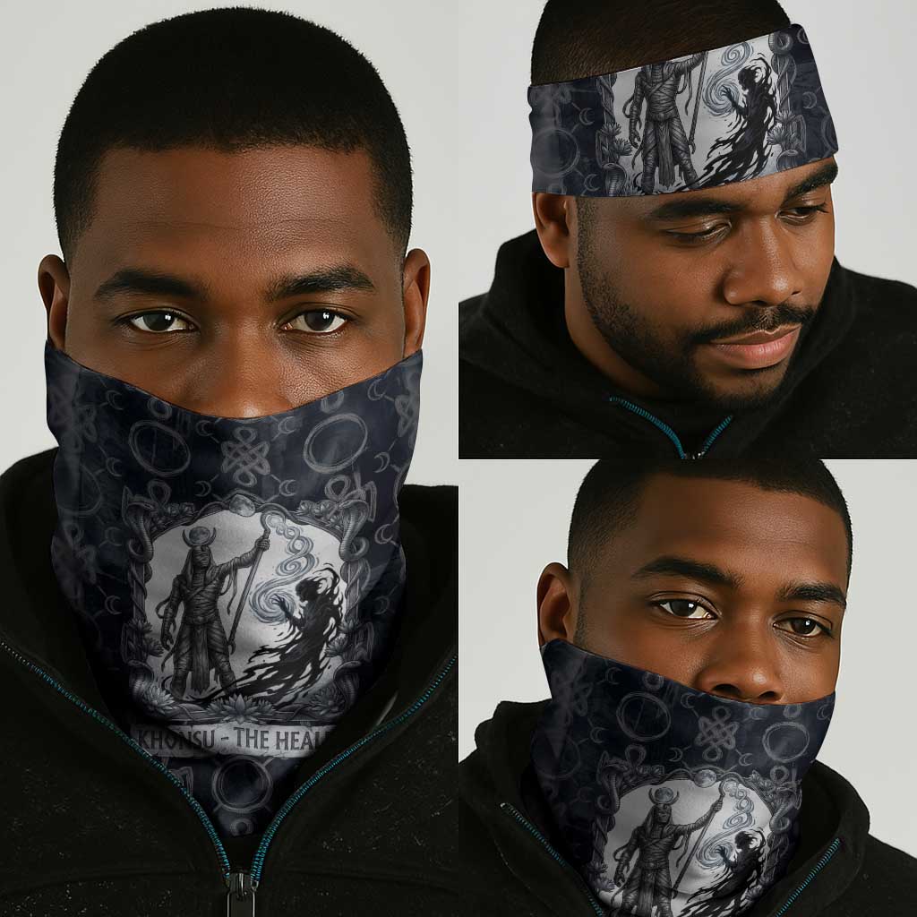 Khonsu Ancient Egyptian Neck Gaiter with Dark Celtic Knot Pattern, Baboon Guardian Symbol, and Moon Healer Motif - Wonder Print Shop