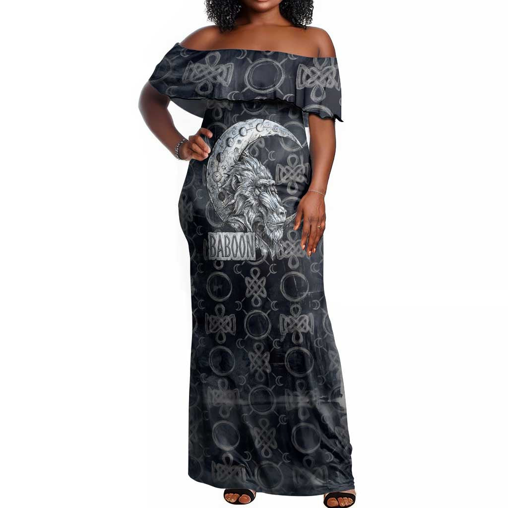 Khonsu Ancient Egyptian Off Shoulder Maxi Dress with Dark Celtic Knot Pattern, Baboon Guardian Symbol, and Moon Healer Motif - Wonder Print Shop
