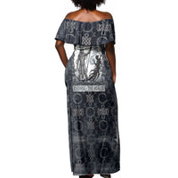 Khonsu Ancient Egyptian Off Shoulder Maxi Dress with Dark Celtic Knot Pattern, Baboon Guardian Symbol, and Moon Healer Motif - Wonder Print Shop