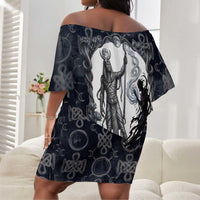 Khonsu Ancient Egyptian Off Shoulder Short Dress with Dark Celtic Knot Pattern, Baboon Guardian Symbol, and Moon Healer Motif - Wonder Print Shop