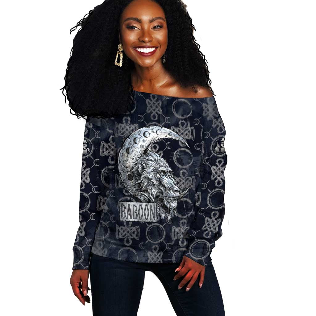Khonsu Ancient Egyptian Off Shoulder Sweater with Dark Celtic Knot Pattern, Baboon Guardian Symbol, and Moon Healer Motif - Wonder Print Shop