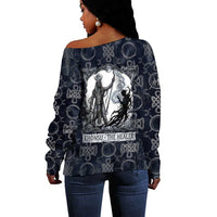 Khonsu Ancient Egyptian Off Shoulder Sweater with Dark Celtic Knot Pattern, Baboon Guardian Symbol, and Moon Healer Motif - Wonder Print Shop