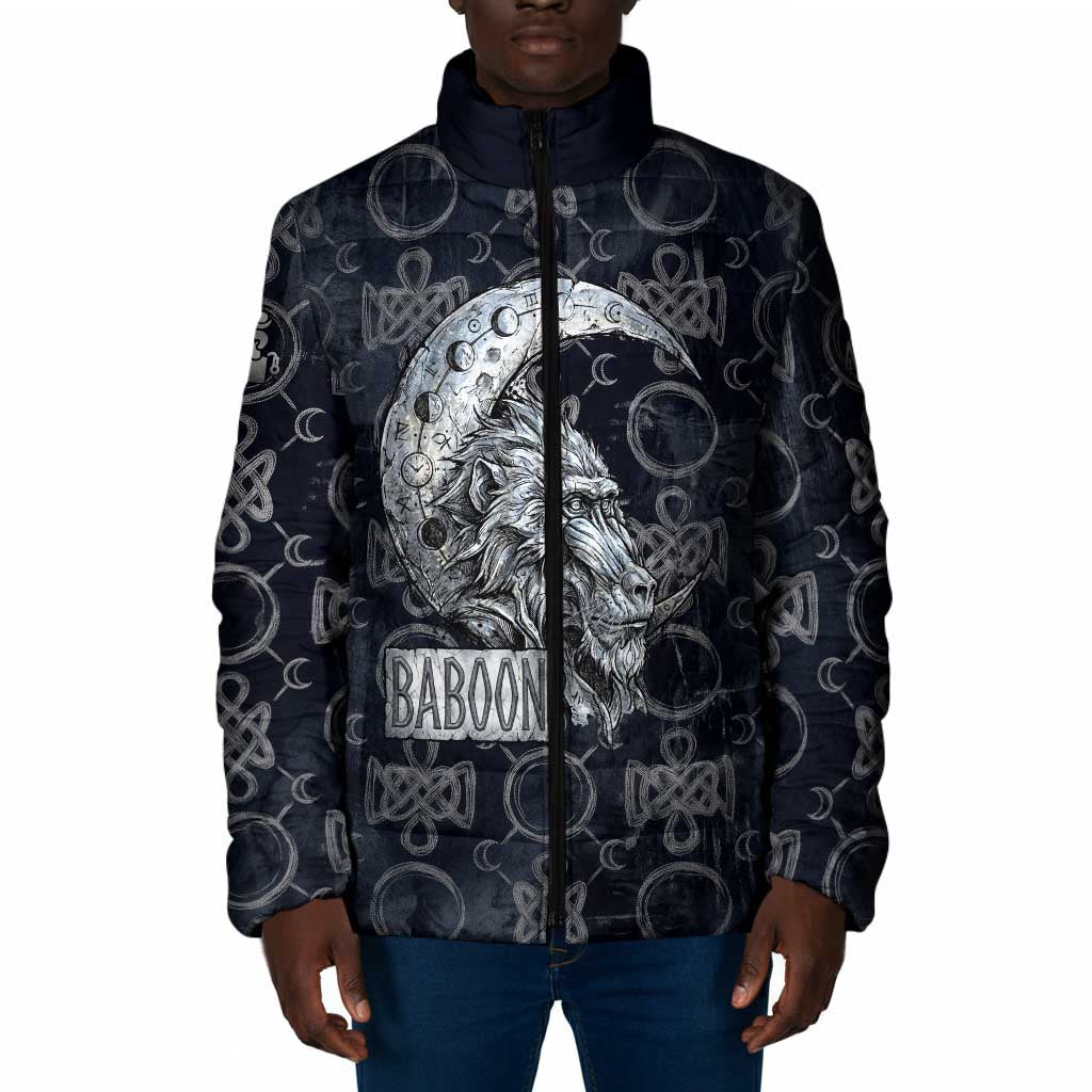 Khonsu Ancient Egyptian Padded Jacket with Dark Celtic Knot Pattern, Baboon Guardian Symbol, and Moon Healer Motif - Wonder Print Shop