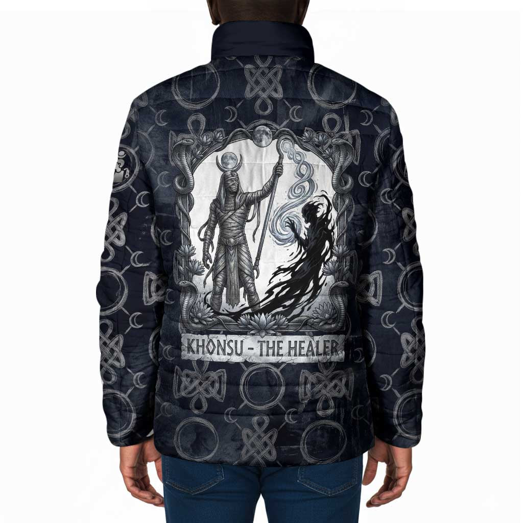 Khonsu Ancient Egyptian Padded Jacket with Dark Celtic Knot Pattern, Baboon Guardian Symbol, and Moon Healer Motif - Wonder Print Shop