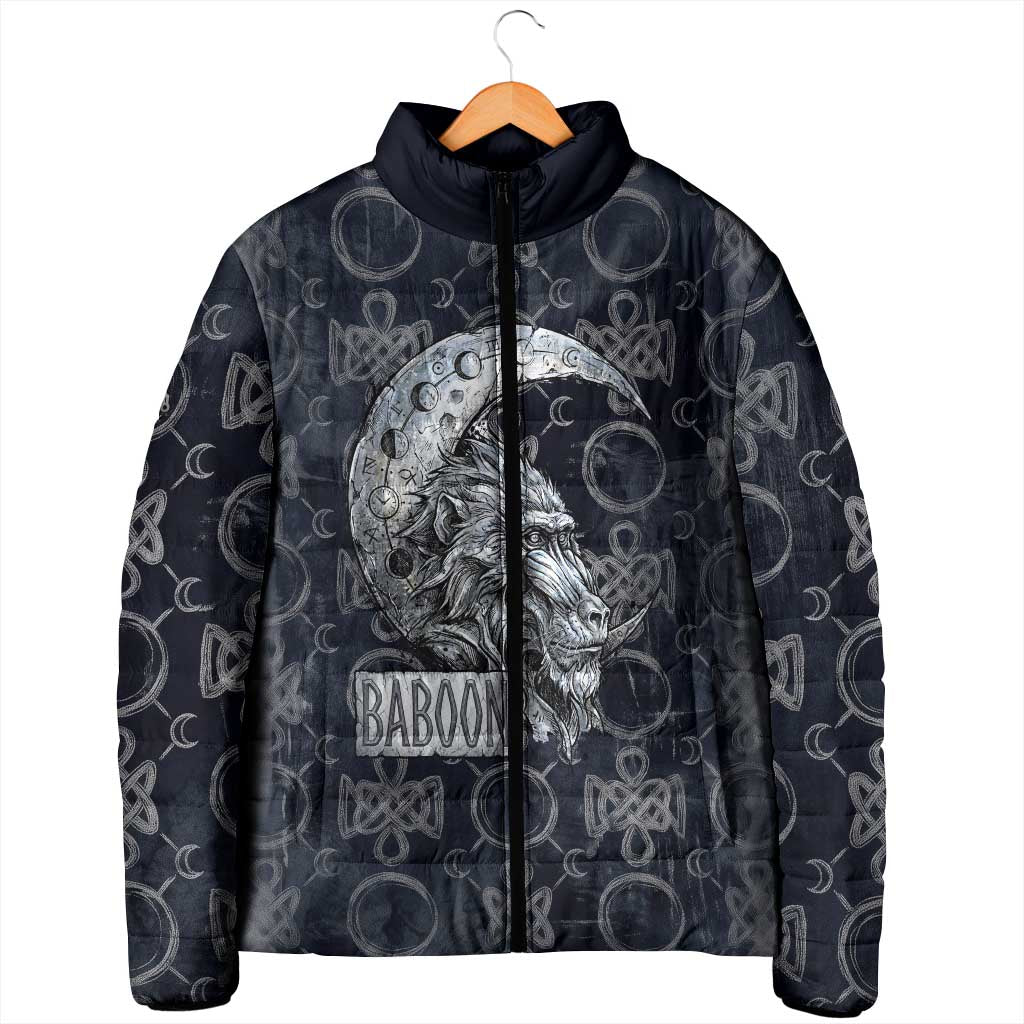 Khonsu Ancient Egyptian Padded Jacket with Dark Celtic Knot Pattern, Baboon Guardian Symbol, and Moon Healer Motif - Wonder Print Shop
